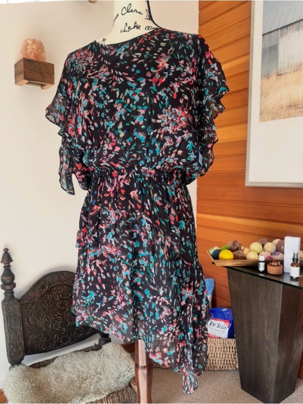 IRO Paris Black Floral Chiffon Flutter-Sleeve Dress